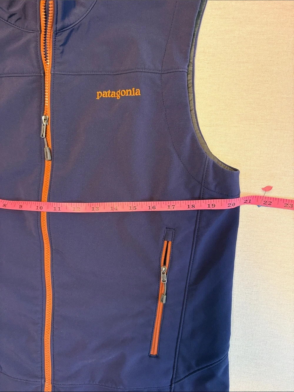 Patagonia Navy Blue Softshell Vest with Orange Accents